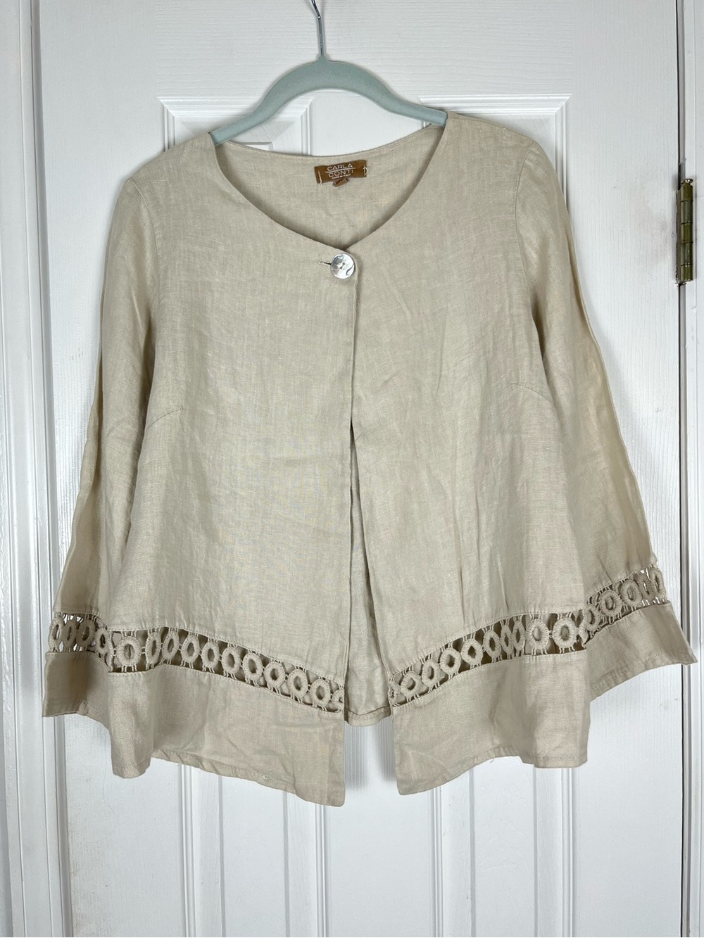 Carla Conti Italy 100% Linen Lagenlook Tan Cardigan Shirt Crotchet Jacket Top L